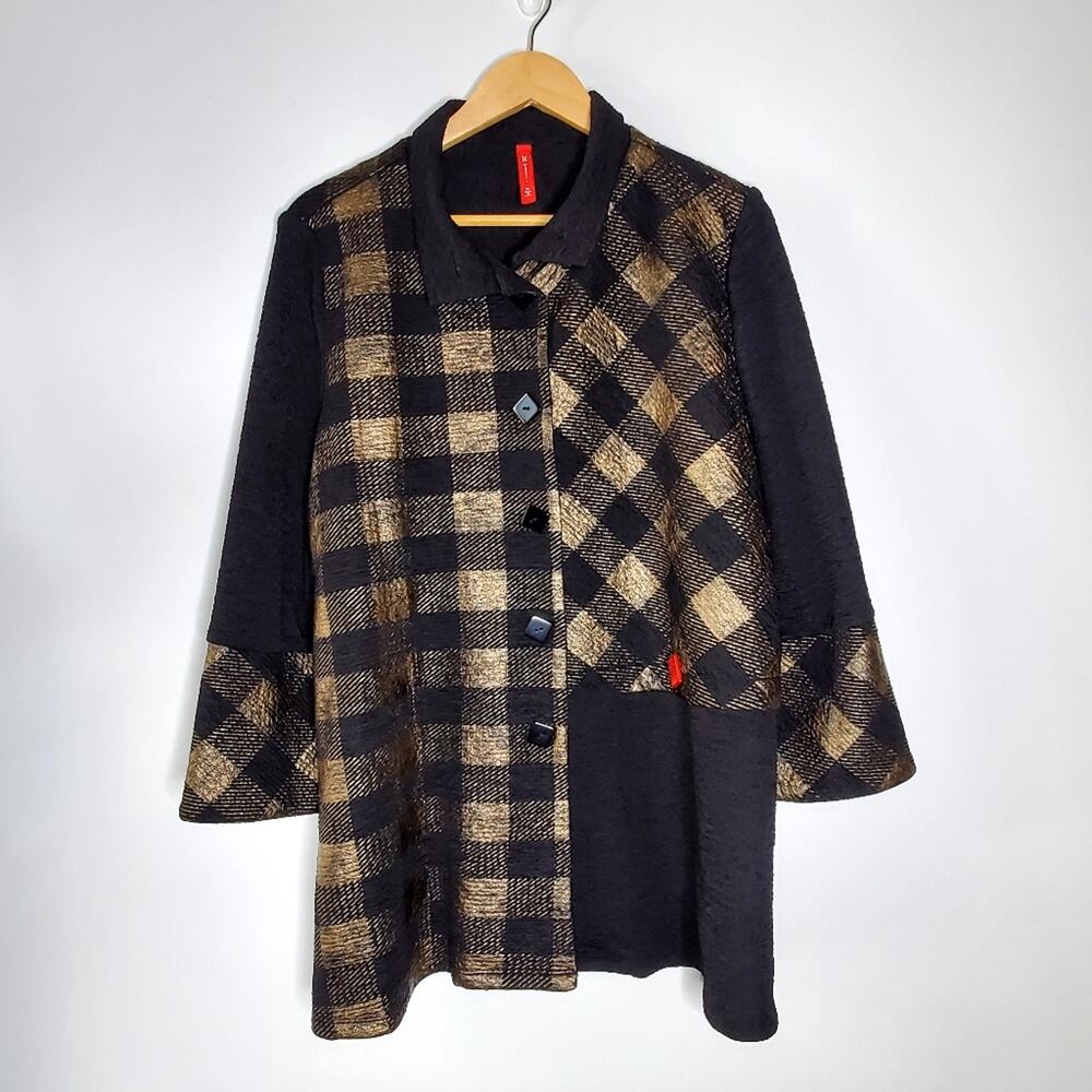 IC By Connie Black/Gold/plaid and mixed fabric oversized stylish blazer jacket
